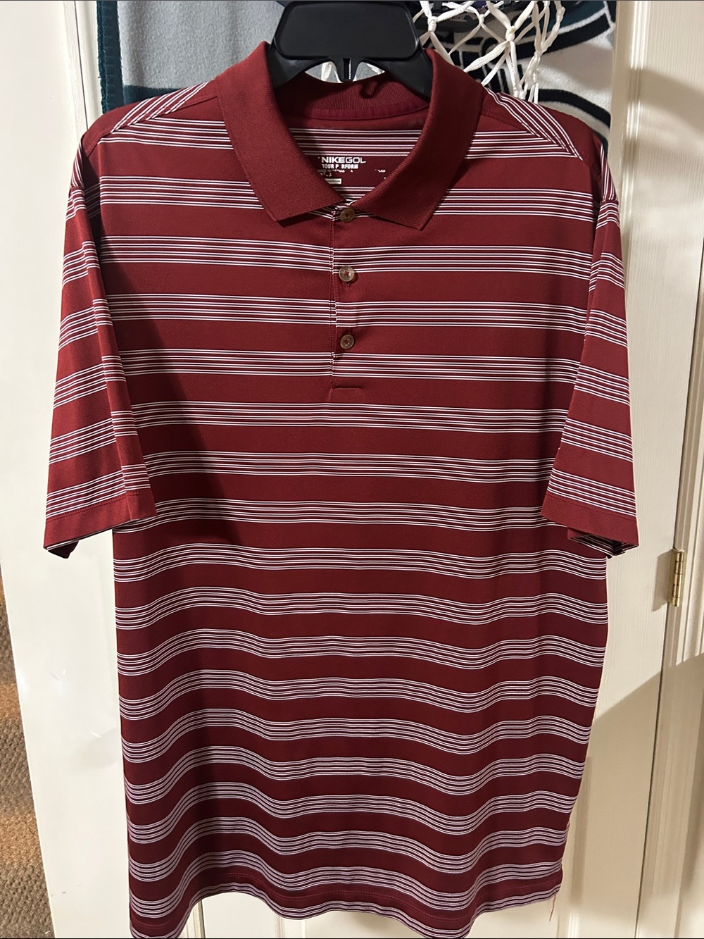 Nike Maroon and White Striped Golf Polo